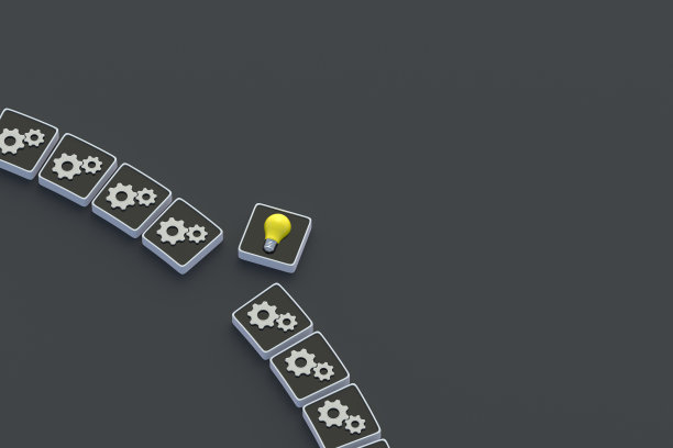 业务解决方案。齿轮和电灯泡在按钮上。创业的概念。创新的想法。技术上的突破。新的生产线。企业管理。现代技术。三维渲染图片下载
