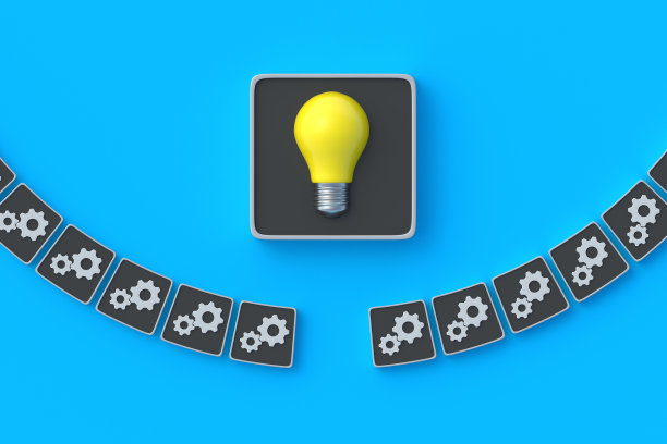 新的生产线。齿轮和电灯泡在按钮上。创业的概念。创新的想法。技术上的突破。企业管理。业务解决方案。现代技术。三维渲染图片下载