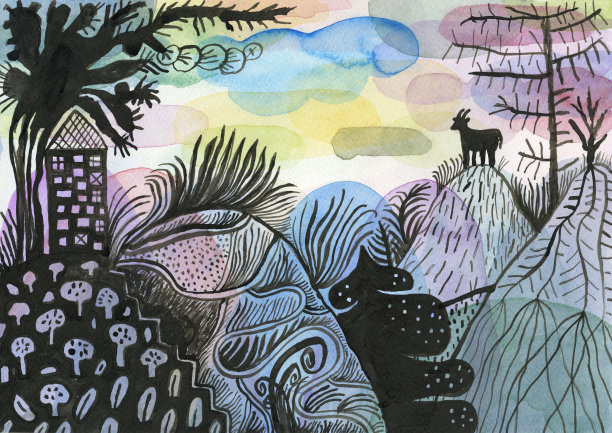 山景房子和山羊图片下载