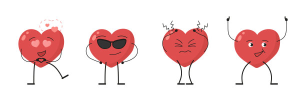 欢快的卡通心脏人物矢量集。情感和谐，人物形象，动画理念。用不同的情感去爱。情人节快乐系列。图片下载