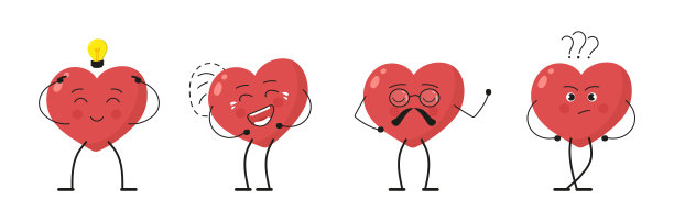 欢快的卡通心脏人物矢量集。情感和谐，人物形象，动画理念。用不同的情感去爱。情人节快乐系列。图片下载