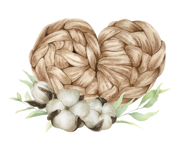 棕色钩针编织的心和棉花花。针织的心。羊绒。水彩插图。孤立。用于标识，产品包装设计，针织博客，针织品店图片下载