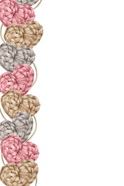 棕色、灰色和粉色钩针编织的心。针织家居装饰。手工。水彩框架。放文字的地方。为产品包装设计，编织者博客，针线店图片下载