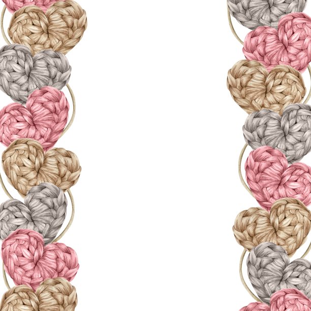 棕色、灰色和粉色钩针编织的心。针织家居装饰。手工。水彩框架。放文字的地方。为产品包装设计，编织者博客，针线店图片下载