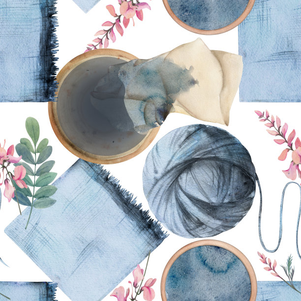 手绘水彩画靛蓝着色天然植物染料，爱好材料，手工织物。插图孤立无缝图案，白色背景。商店标志，印刷品，网站，名片，小册子图片下载