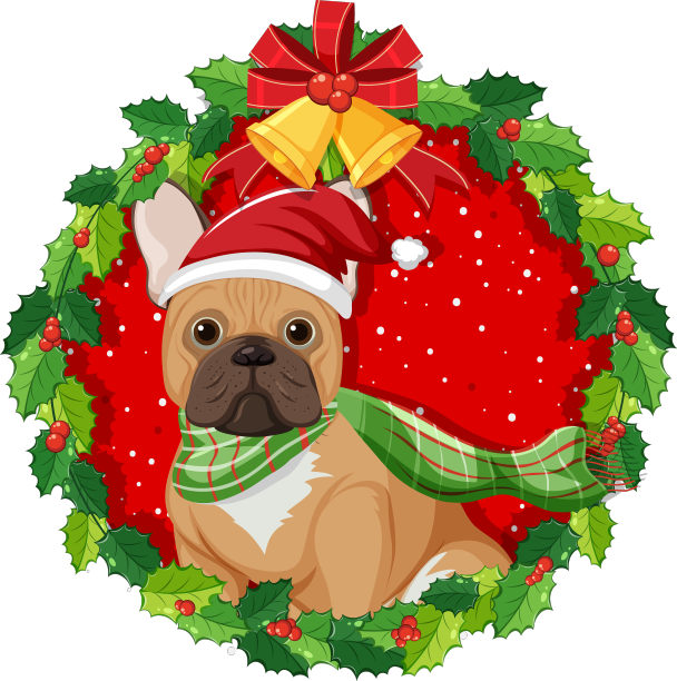 圣诞花环上的卡通法国斗牛犬图片下载