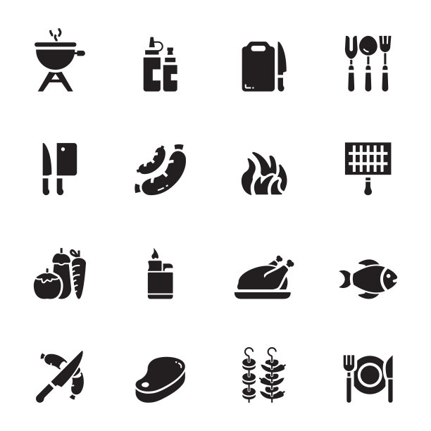 简单的一组烧烤相关的矢量图标。符号集合。图片下载