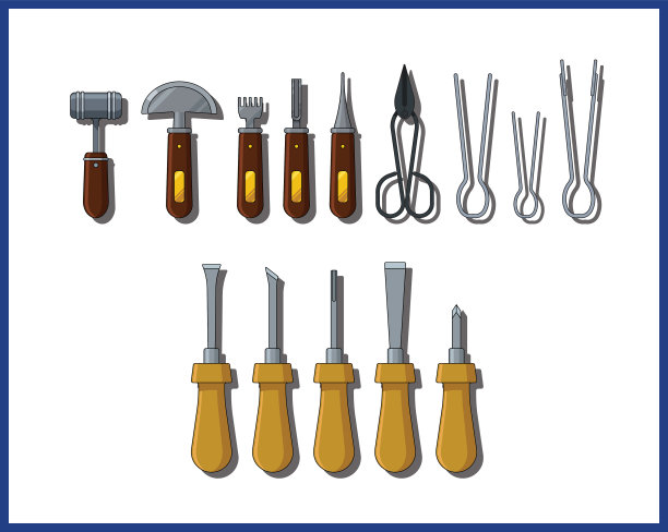 一套工匠工具，皮革工人，玻璃制造者和玻璃吹制者，木材工人和木匠。在白色背景上的一组工具和设计对象。图片下载