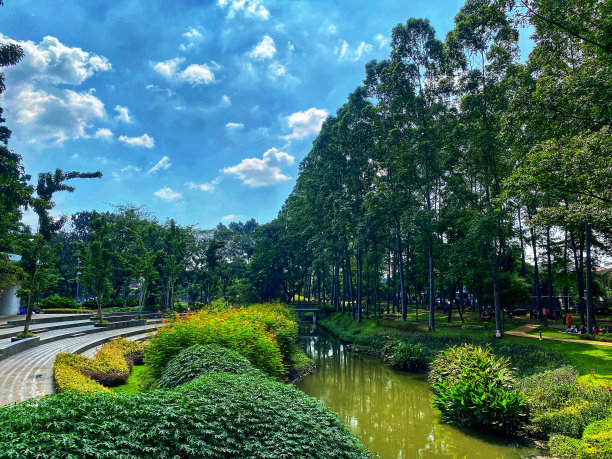 这张照片是一个美丽的旅游公园，里面有一条河，印度尼西亚的Tebet生态公园图片下载