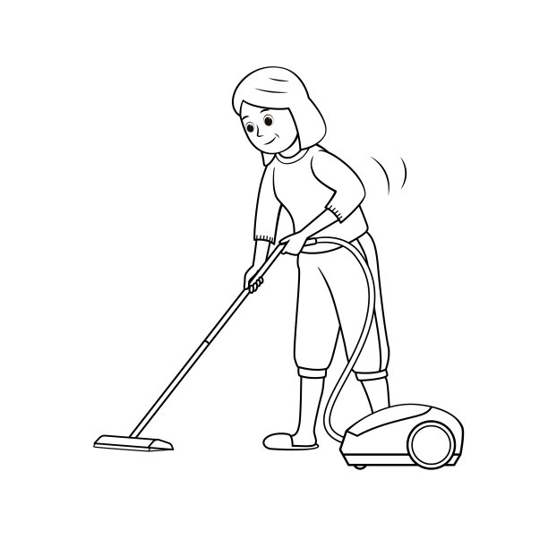 儿童活动的黑白矢量插图图画书页与妇女做家务的真空图片。图片下载