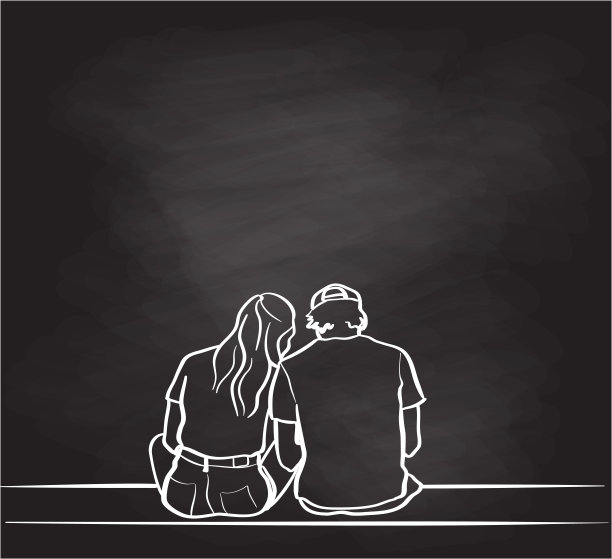 高中男友和女友坐在黑板上图片下载