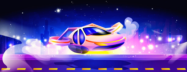 未来汽车的背景是一个夜晚的城市与城市建筑，道路与夜空与星星。创意矢量插图在卡通风格。图片下载