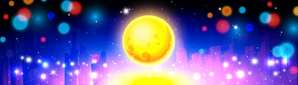 夜城的景观，城市建筑与明亮的满月对星空的背景。创意矢量插图在卡通风格。图片下载