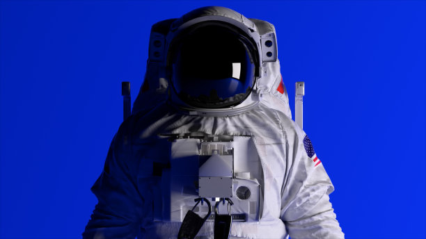 蓝色背景上的宇航员头像。灯光正在改变。头盔。黑暗和光明。墙上的影子图片下载