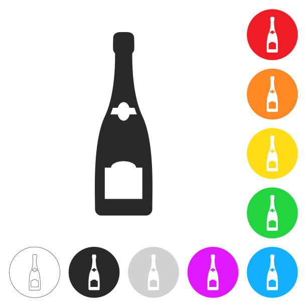 香槟酒瓶。按钮上不同颜色的平面图标图片下载