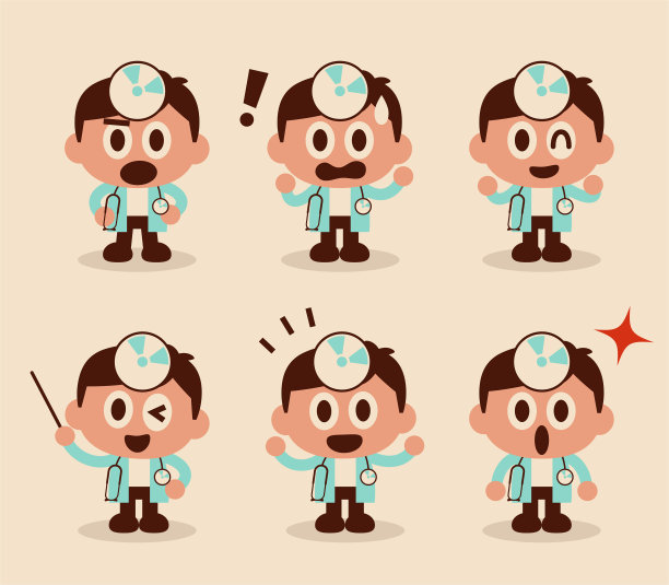 一组可爱的医生角色，大头小身，凹面镜，听诊器，6个面部表情图片下载