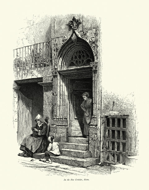 法国妇女，孩子在家门口，里奥姆，19世纪图片下载