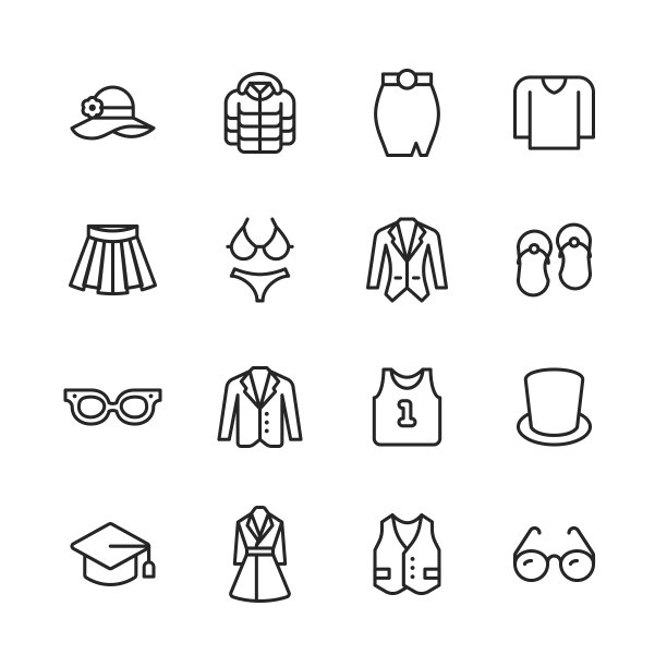 服装和时尚系列图标。可编辑的中风。像素完美。移动和网络。包含衣服，时尚，夹克，帽子，裙子，毛衣，连衣裙，眼镜，背心等图标。图片下载