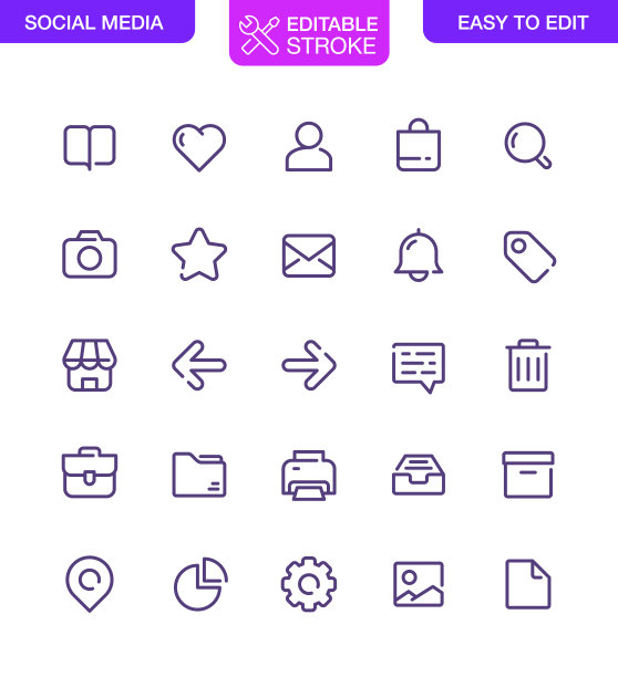 社交媒体图标设置可编辑的描边图片下载