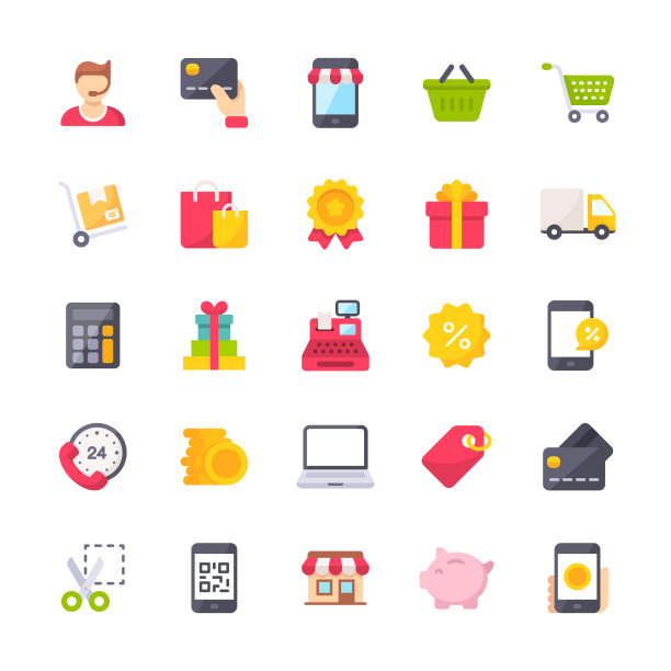 购物和电子商务平面图标。材料设计风格图标。像素完美。移动和网络。包含购物，电子商务，支付方式，储蓄罐，快递等图标。图片下载