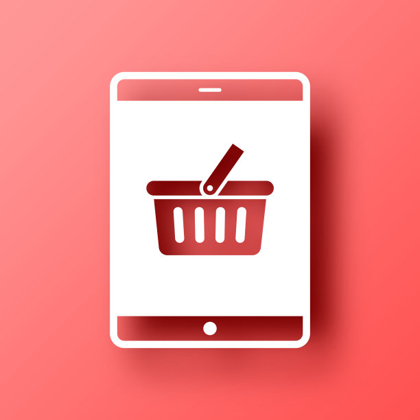 带购物篮的平板电脑。图标在红色背景与阴影图片下载