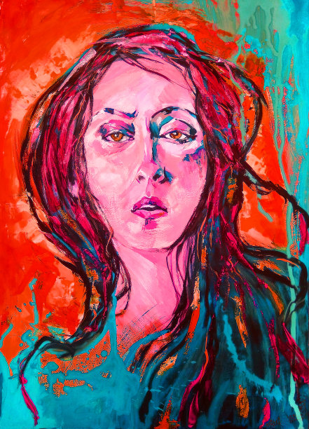 插图油画女人肖像与飞扬的头发在明亮的对比背景在红色和蓝色调图片下载