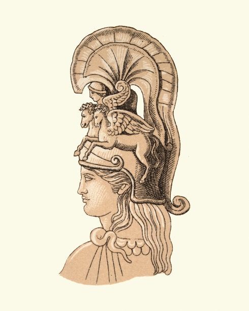 古希腊女神，戴着装饰有飞马的头盔图片下载