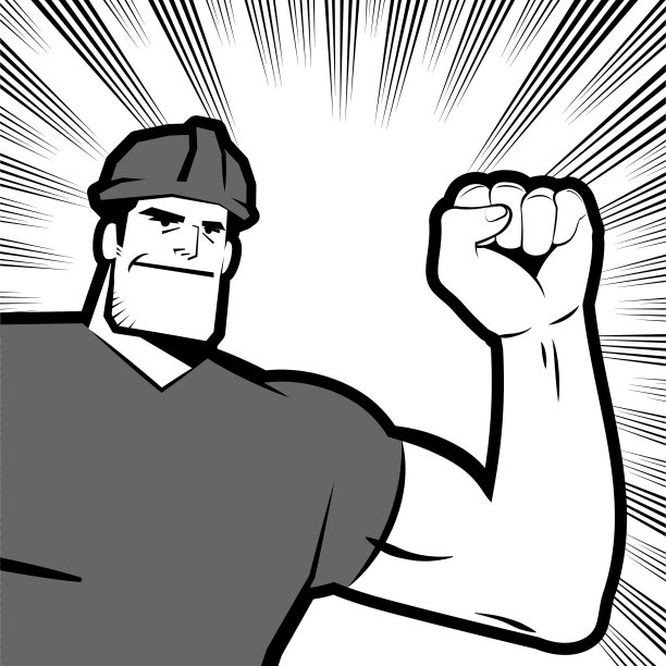戴着工作头盔、挥舞拳头的蓝领工人，黑白漫画效果线背景图片下载