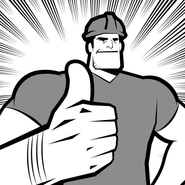 戴着工作头盔的蓝领工人竖起大拇指，黑白漫画效果背景图片下载