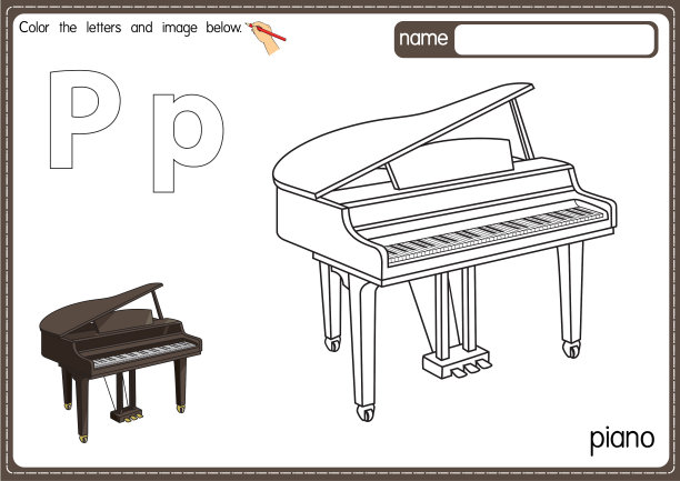 矢量插图的儿童字母着色书页与概述剪贴画，以颜色。字母P代表钢琴。图片下载
