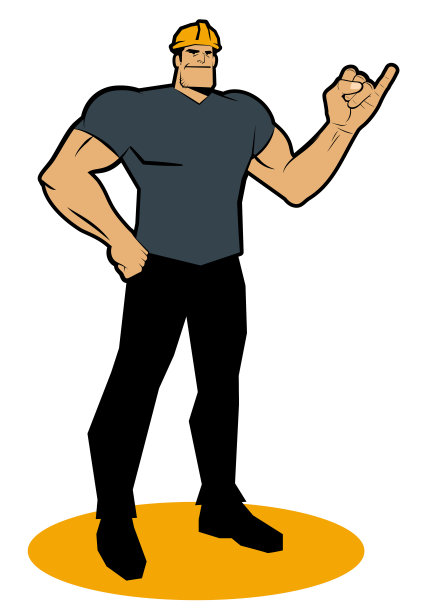 一个戴着安全帽的强壮的工人微笑着，一个拳头放在臀部，露出他的小手指，意思是小指发誓或小指承诺图片下载