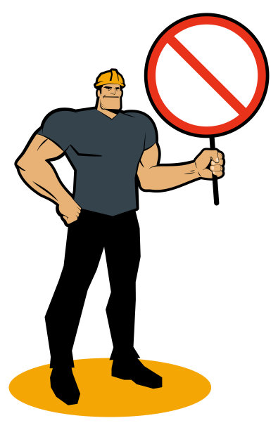 戴着安全帽，单手叉腰并展示禁止标志的工人（安全警告）图片下载