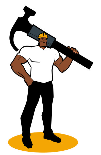一个戴着安全帽的强壮工人微笑着站在那里，一只拳头放在臀部，肩上扛着一把羊角锤图片下载
