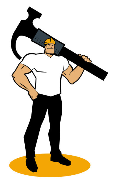 一位戴着安全帽的健壮工人笑着，一手叉腰，肩上扛着一把大锤图片下载