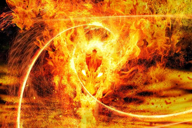 一个火龙在一个令人毛骨悚然的天空旋转的3d插图图片下载