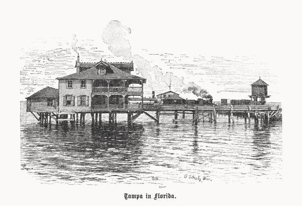 美国佛罗里达州坦帕附近的桩桥，半色调印刷，1899年出版图片下载