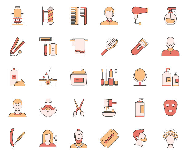 理发店相关的矢量线图标的简单设置。大纲符号集合。图片下载