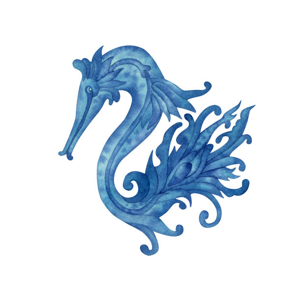 单色水彩插图的蓝色魔术海马。用于请柬，图案，织物，墙纸，贴纸，明信片。元素被隔离在白色背景上。图片下载