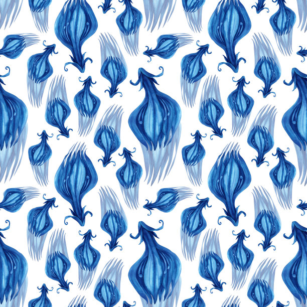 单色水彩无缝图案与抽象的蓝色魔术花和鱼的邀请，图案，织物，壁纸，贴纸。元素被隔离在白色背景上图片下载
