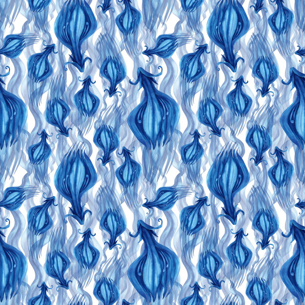 单色水彩无缝图案与抽象的蓝色魔术花和鱼的邀请，图案，织物，壁纸，贴纸。元素被隔离在白色背景上图片下载