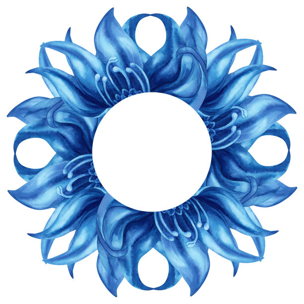 抽象水下蓝色魔术花的水彩画插图的邀请，图案，织物，壁纸，贴纸。构图，圆形框架，边界孤立在白色背景上图片下载