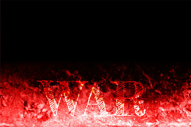 暗黑色和褐红色渐变水平矢量背景，文本WAR以大写或大写字体表示正在燃烧的火焰图片下载