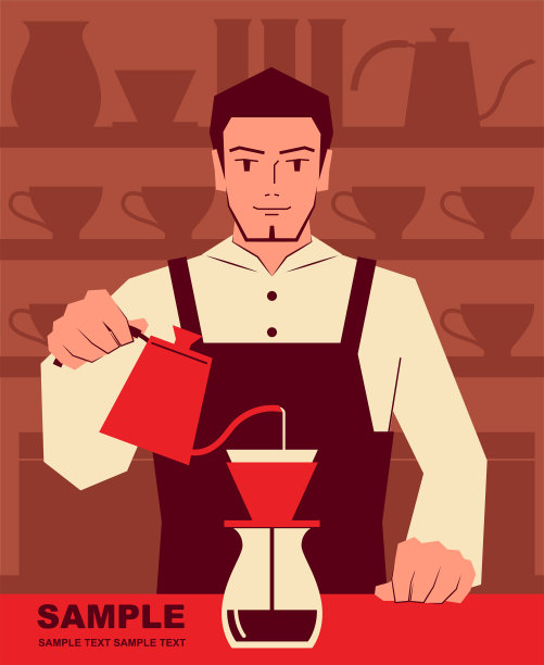 穿着围裙、留着胡子、面带微笑的帅气咖啡师手持一个天鹅颈式水壶，将热水倒进咖啡壶图片下载