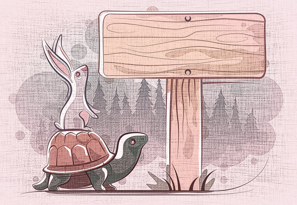 兔子和乌龟在看路标图片下载