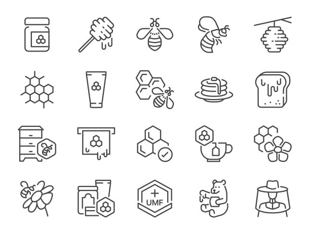 蜂蜜图标集。它包括蜜蜂、蜂巢、产品、糖果和更多的图标。可编辑的矢量描边。图片下载