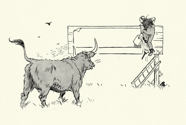 维多利亚时代公牛追逐男人的卡通形象，19世纪90年代19世纪图片下载