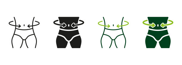 男性身体苗条的黑色和颜色符号集合。男人减肥象形图。塑造腰围控制。瘦身腰线和轮廓图标集。孤立矢量图图片下载