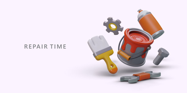 修复时间。清除轻微损伤，油漆。手工工具，刷子，桶里的颜料，气溶胶图片下载