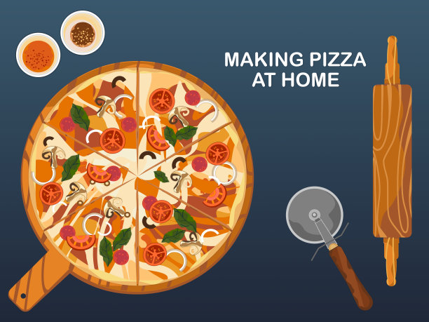 矢量插图自制意大利玛格丽塔披萨与马苏里拉和罗勒，西红柿和灯笼椒，和蘑菇在托盘上，俯视图。图片下载