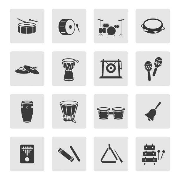 打击乐器图标集。鼓，铙钹，沙球，手鼓，康加，木琴，定音鼓，手鼓，锣轮廓标志图标符号象形图矢量插图图片下载